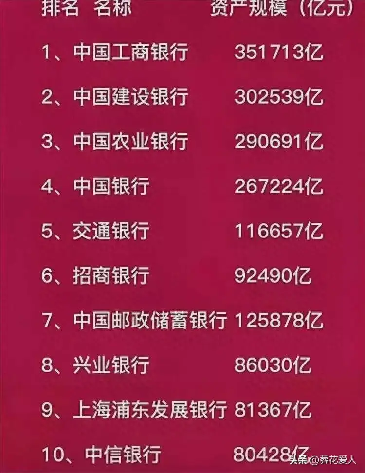 中国所有的银行名称大全(中国十大银行排行榜以及他们的资产规模)(图1) 中国所有的银行名称大全(中国十大银行排行榜以及他们的资产规模)(图1)